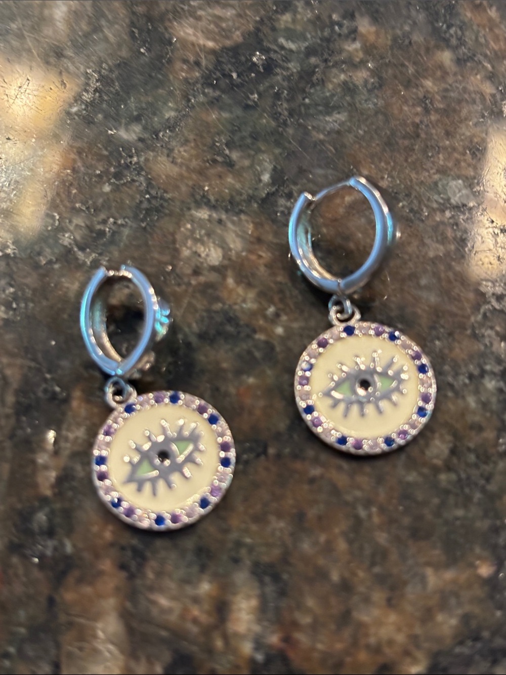 Sterling Forever 925 Sterling Huggie Evil Eye Drop Earrings Purple Cream Accents